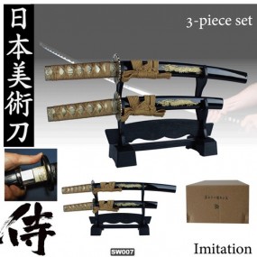 【別途送料】美術刀　ミニミニ竜金セット　3点セット　短刀大、小、掛け台　日本製　イミテーション　オーナメント